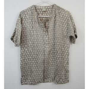 Ecru 100% Silk Medallion Printed Shirred Top Gray Cream Abstract Lightweight